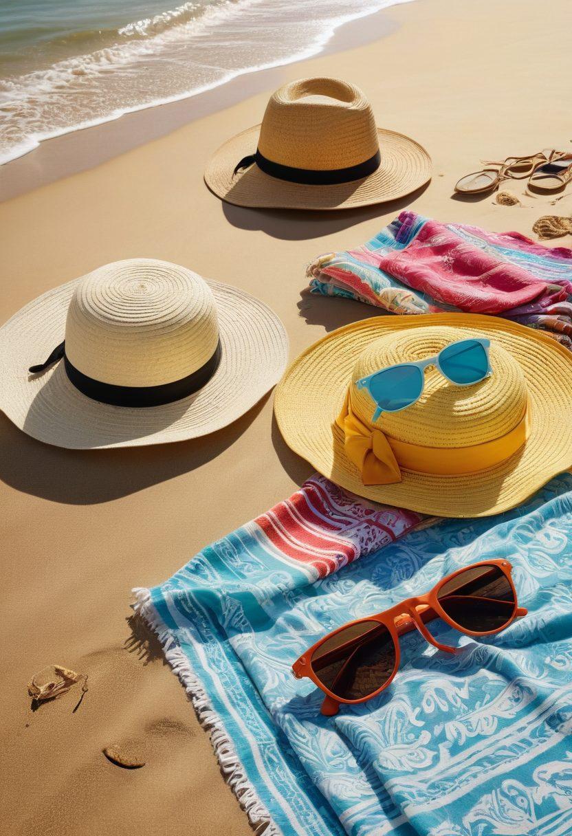 A vibrant beach scene with a stylish array of swim accessories scattered on a sandy shore, including colorful towels, trendy sunglasses, chic hats, and playful beach toys. In the background, the ocean waves glisten under a bright sun, with people enjoying the water. The image captures the essence of a perfect beach day filled with fun and fashion. vibrant colors. 3D.